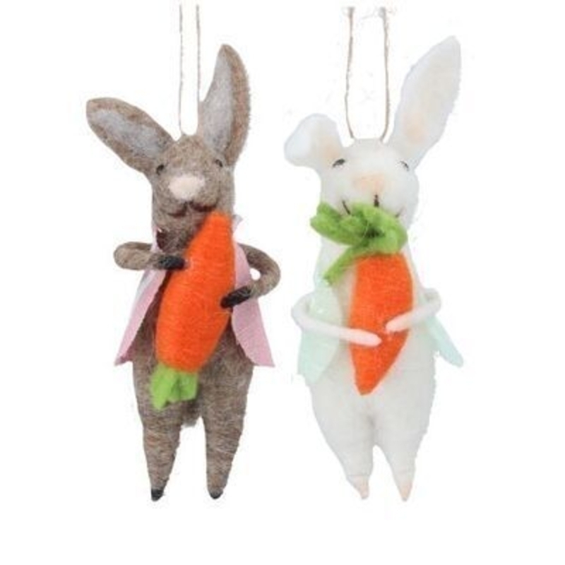 Mixed wool white and brown bunny holding a carrot decoration. The perfect addition to your home for Easter. 2 designs. By Gisela Graham.